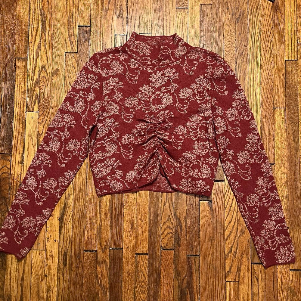 ANTHROPOLOGIE Ruched Mock Neck Knit Sweater in Cranberry Size Large